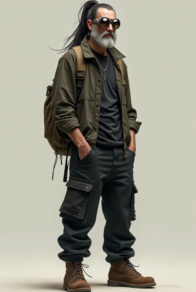 A man
with little beard on cheeks and long hair with ponytail and wering a circle transparnt circle goggles
And baggy jeans with black color full body