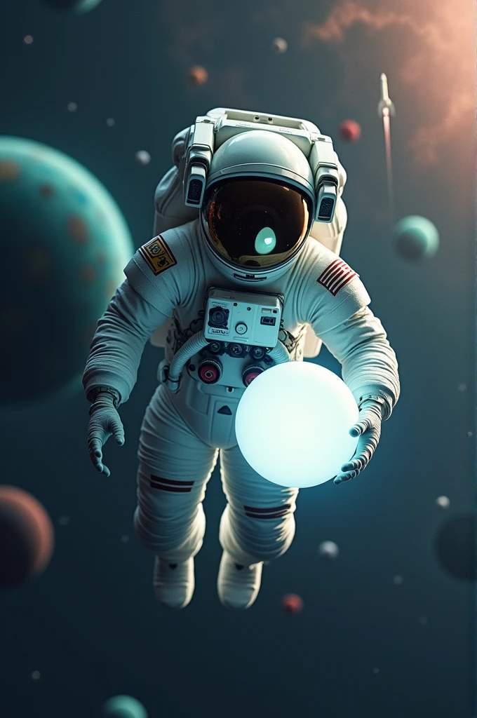 Astronaut holding white ball in front of planets and flying rockets in space