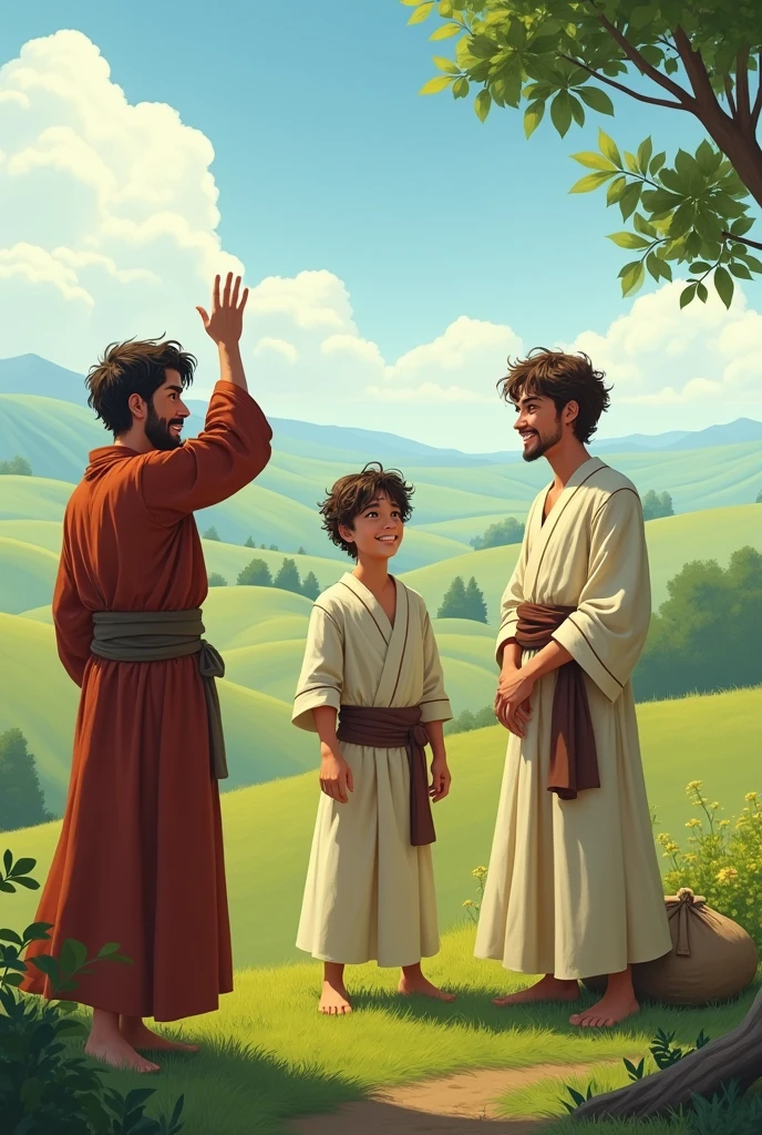 Three young men are lying on a hill and one is standing with raised hands and talking. They are looking at each other's faces.
There was an empty sack beside them. There were many trees and hills on both sides.
They wear long robes. There will be lively scenes.