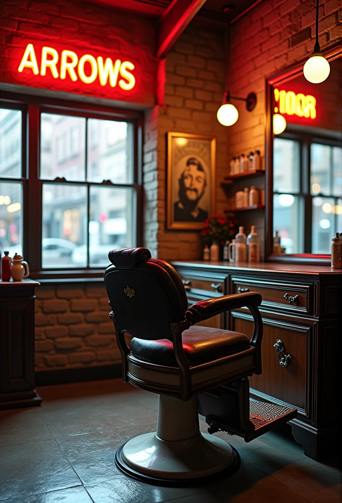 BARBERSHOP IN NEW YORK, There is a big mirror on the wall, Retro barber chair, (Antique barber chair), window, Portrait poster, Realなイメージ, Clear images, Faded brick wall, (「ARROWS」A neon sign with capital letters), (Barber shop sign pole), (Highest quality), masterpiece, Ultra-high resolution,(Real:1.4), Original photo