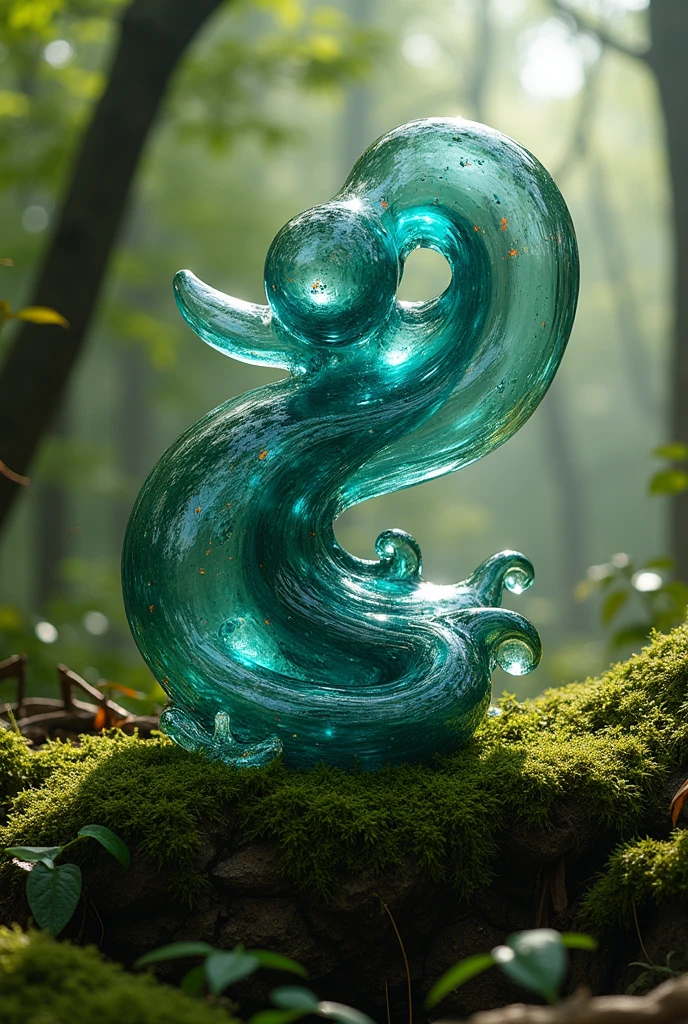 Glass Art、Surreal、Glass sculpture in the forest、Glass sculpture carved into stone、Sculpture that defies the laws of physics、indaco art、Moss-covered sculpture、few soft red led lights generate art effect