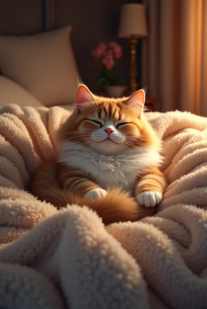 A fluffy, content cat lounges in a plush, inviting bed, surrounded by soft, warm blankets. The cat's eyes are half-closed, radiating a sense of pure bliss and satisfaction. The cozy bedroom setting, with its dim, soft lighting and elegant decor, adds to the tranquil and peaceful atmosphere.
