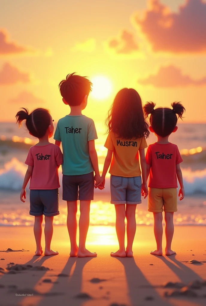 2 boy named taher on t shirt with 2 girl named muskan on t shirt enjoying sun set on beach