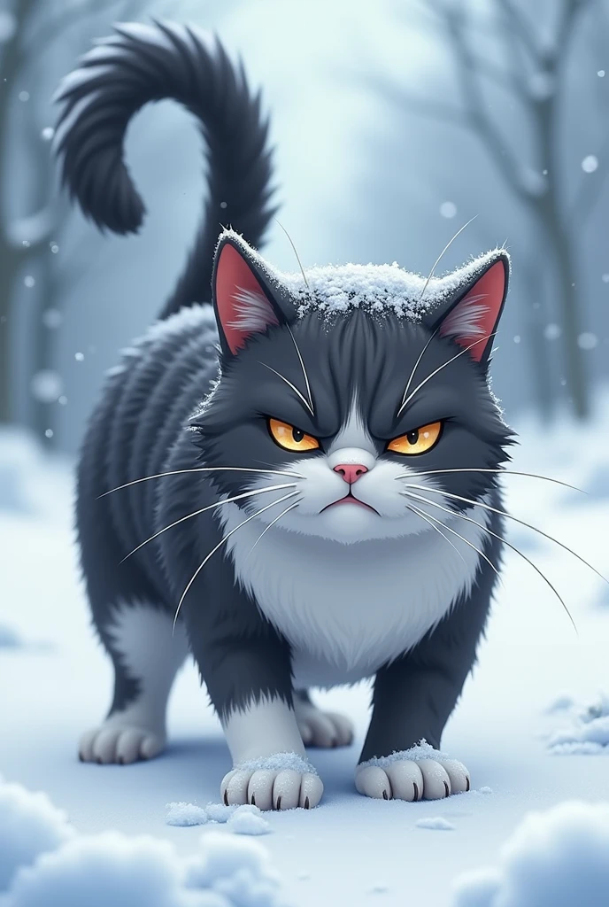 This cat’s appearance and angry demeanor create a striking combination. Its fur is a mix of white and gray: the back and tail are covered in dark gray stripes, while the face is mostly white with gray patches around the eyes and ears. The tail is black and stands straight up, almost signaling its irritation.
The cat’s facial expression is clearly angry. Its eyes are narrowed, glaring with a stern and annoyed look, showing that something has disturbed it. There’s a small bit of snow stuck near its nose, but it seems completely oblivious to it. The cat’s body is slightly hunched, with its paws sinking into the snow, which appears to add to its frustration. The whole posture and expression—from the thick fur to the snow-covered back and the angry gaze—show that this cat is really irritated and tired of the cold weather an anime 3d