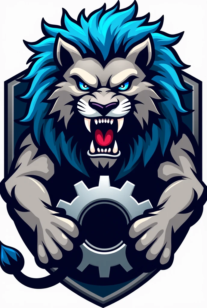 Team shield with a gray lion with blue eyes and a very blue mane , very angry mascot holding a gear. In a small format
