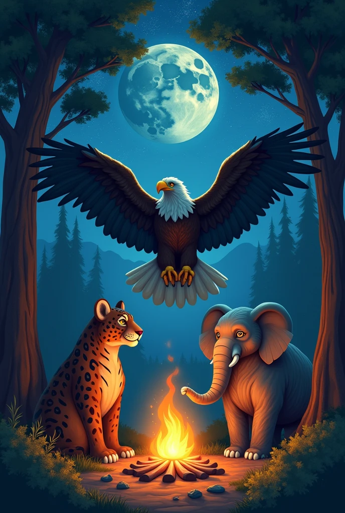 a jaguar, A bear and an elephant together in front of a campfire and above them a giant eagle with open wings covering them, surrounded by trees in a forest with a clear sky full of bright stars and a full moon