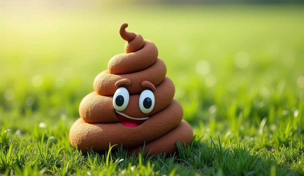 There is a shadow、Photorealistic、Ultra HD、Coiled smiling poop、stuffed toy、Front view、The background is a grassland