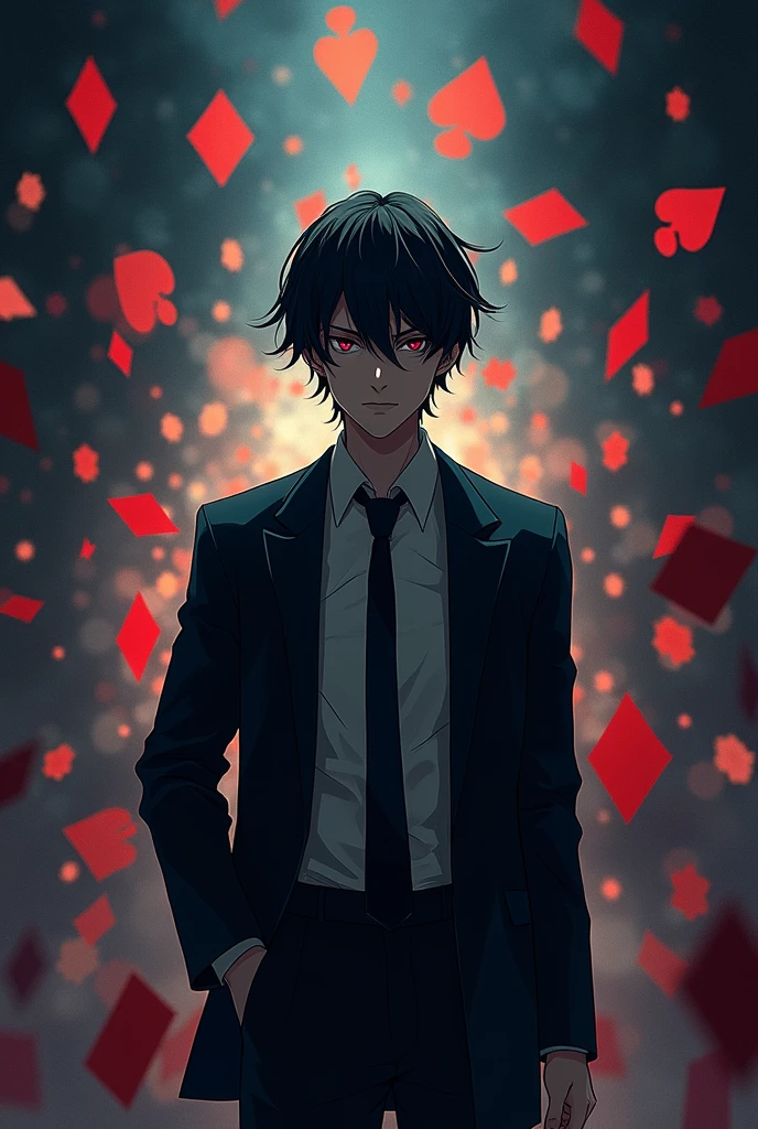 anime guy at pocker card background, dark theme, stunning, ultra hd