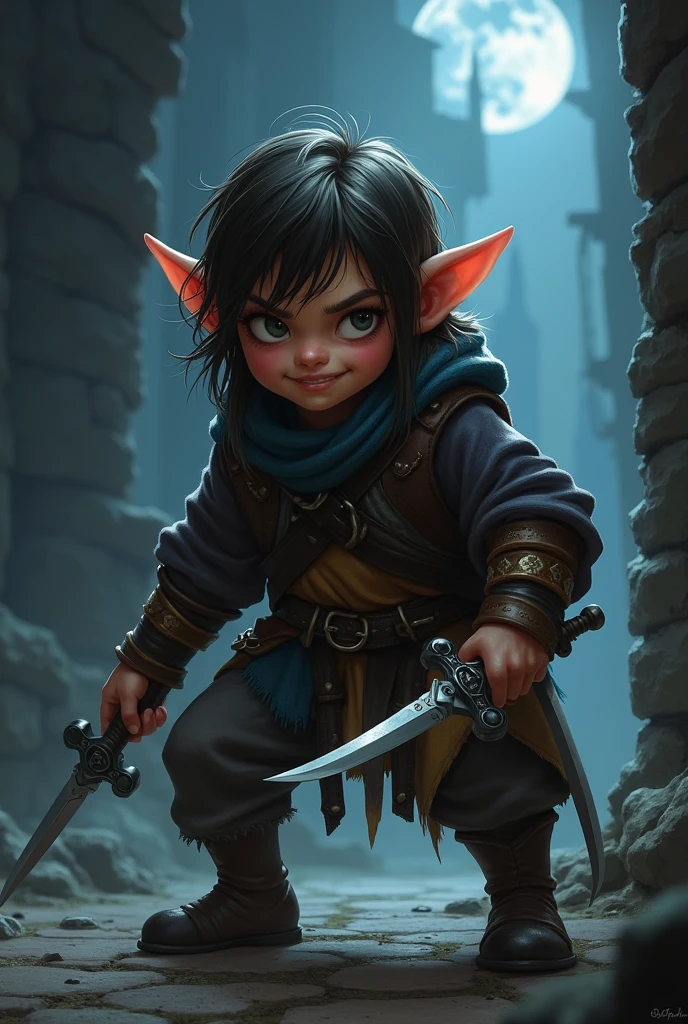 A halfling rogue with medium to long hair who uses two daggers, has a sarcastic smile on his face