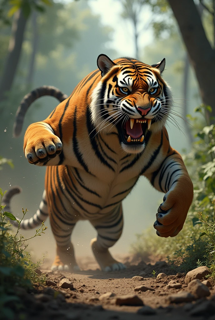 A tiger is attacking a cow