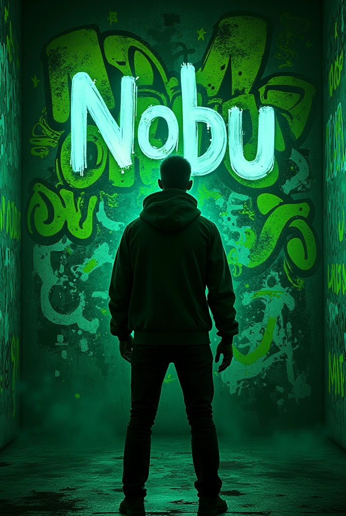Gaming profile picture man standing facing the wall full with dark neon green and black graffiti art put name NOBU in the center