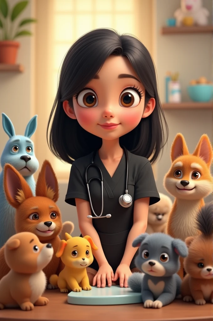 Pixar Cover Veterinarian girl with straight black hair all straight hair loose hair parted from the middle of the head ,black doctor pajamas , small lips, Wide nose, small eyes ,  and with animals 