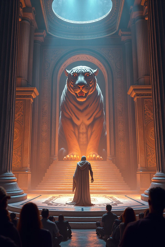 STAGE DESIGN/LAYOUT/FLOOR PLAN for an event called "Tiger's Assembly 2024" Where all engineering students gather. The concept of the stage design is percy jackson inspired. athens greece with fantasy and power. Use tiger as main character
