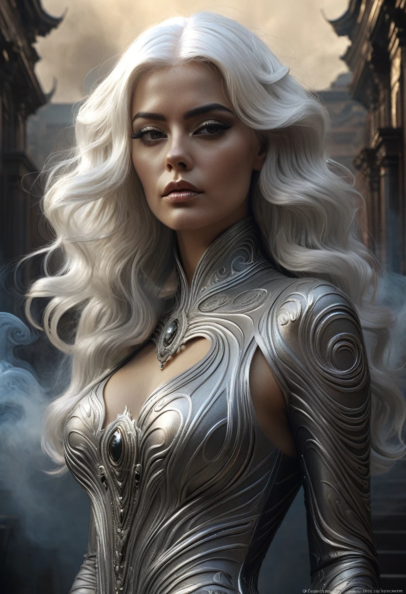 portrait, beautiful woman, white hair, embellished dress, (long hair in waves like smoke):0.85 , confident expression, detailed, 16k, sf, Intricate artwork masterpiece, ominous, matte painting movie poster, golden ratio, trend on CGSociety, Intricate, epic, trend in artstation, by artgerm, h. r. giger y beksinski, highly detailed, Vibrant, production cinematic character render, ultra high quality model:1