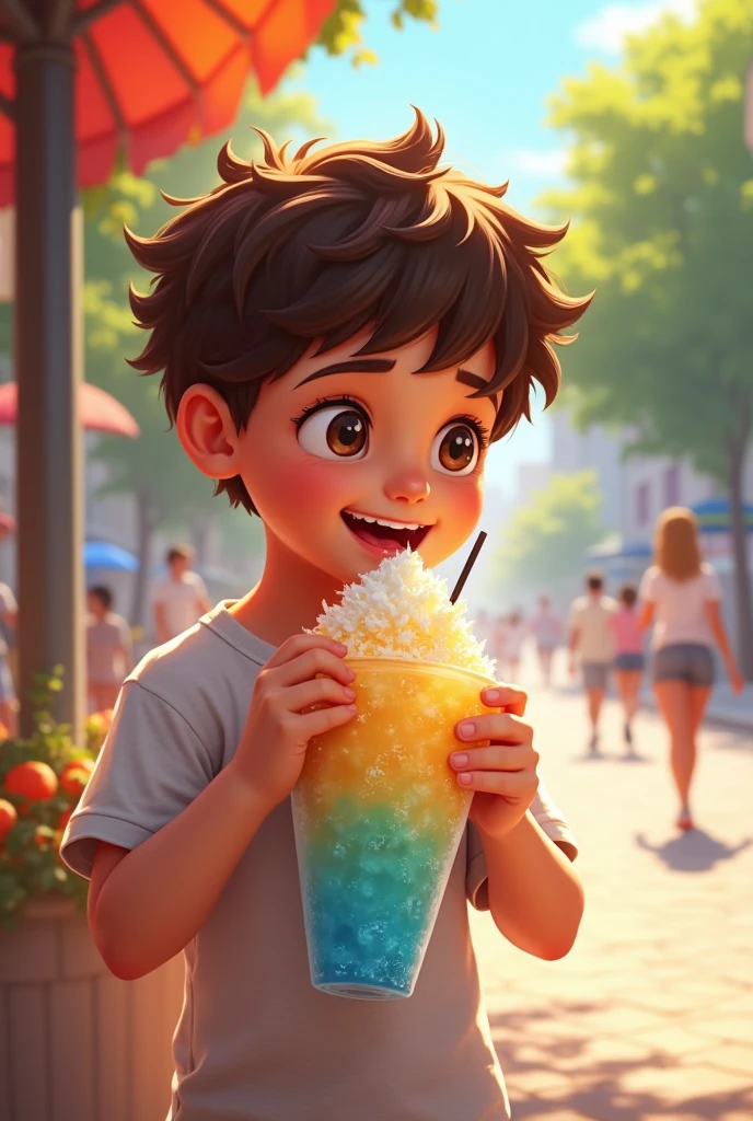 Generates an image of a person consuming or. Very cold shaved ice and enjoy it even if it is cold