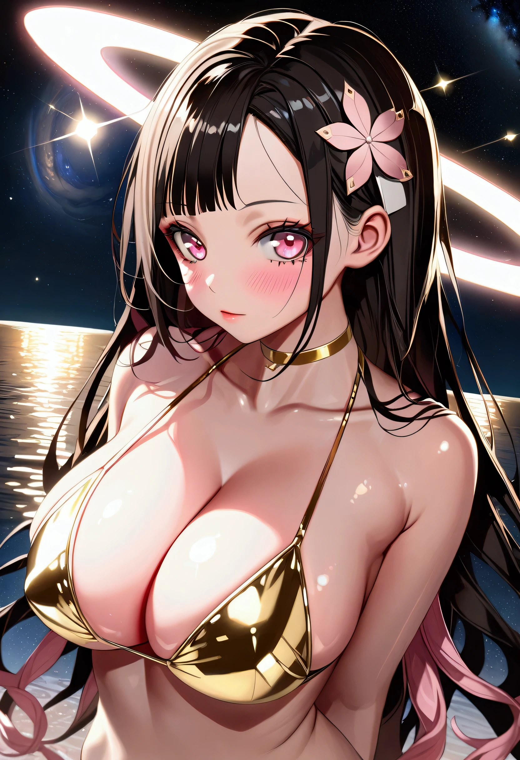 ((Nezuko Komado)), black hair, pink eyes, (shiny skin), metallic gold bikini, huge breasts, beautiful face, sexy pose, gold elements, golden lake, stars, space, (lightroom:1.13), soft light, (natural skin texture:1.2), (hyperrealism:1.2), sharp focus, focused, (((arms behind back))), photorealistic, detailed coloring, detailed high quality, chromatic aberrations, ultra detailed quality skin, detailed ray tracing lighting, minimal, gold and pink monochromatic color palette, ulzzang, (((cleavage))), (((Portrait))),