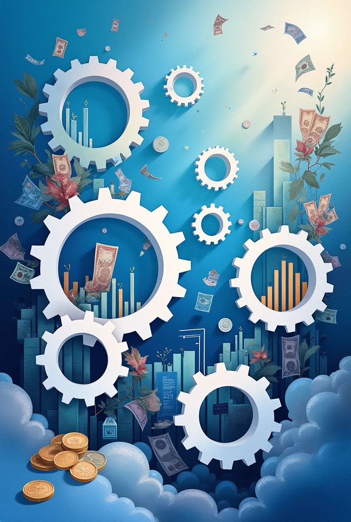 Create a three-dimensional gear Circles and squares, currency, coins, banknotes, graphs, car parts, watercolor and mixed media, bright colors, light source in the upper right corner. There are large white gears. The background is blue. --ar 2:3