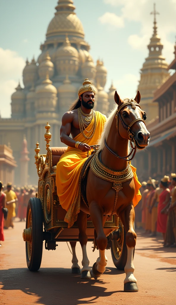 High-resolution photograph of A tamil king wearing golden dhoti is riding a two horsed chariot on palace road, hyper realistic, 3d