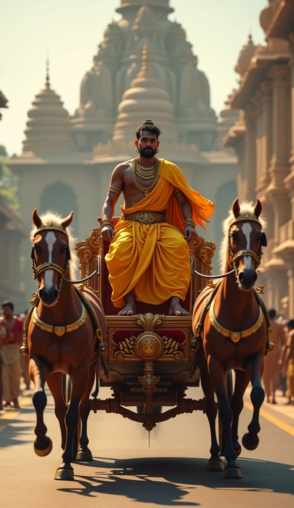 High-resolution photograph of A tamil king wearing golden dhoti is riding a two horsed chariot on palace road, hyper realistic, 3d 