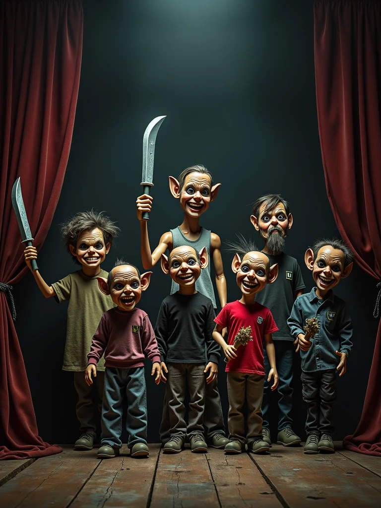 A photo of a dark horror theater with puppets and action figures from 1983. There are several puppets with demonic features, each holding a weapon. The puppets are arranged on a stage. The background contains a curtain and a few props. The lighting is dim.