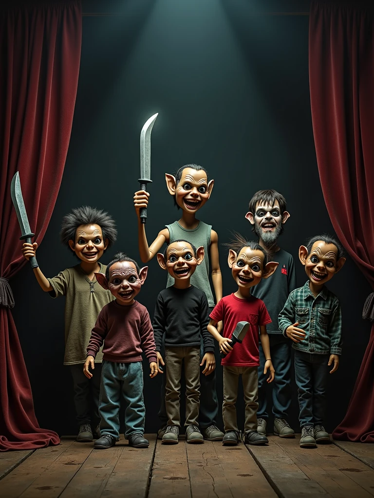 A photo of a dark horror theater with puppets and action figures from 1983. There are several puppets with demonic features, each holding a weapon. The puppets are arranged on a stage. The background contains a curtain and a few props. The lighting is dim.