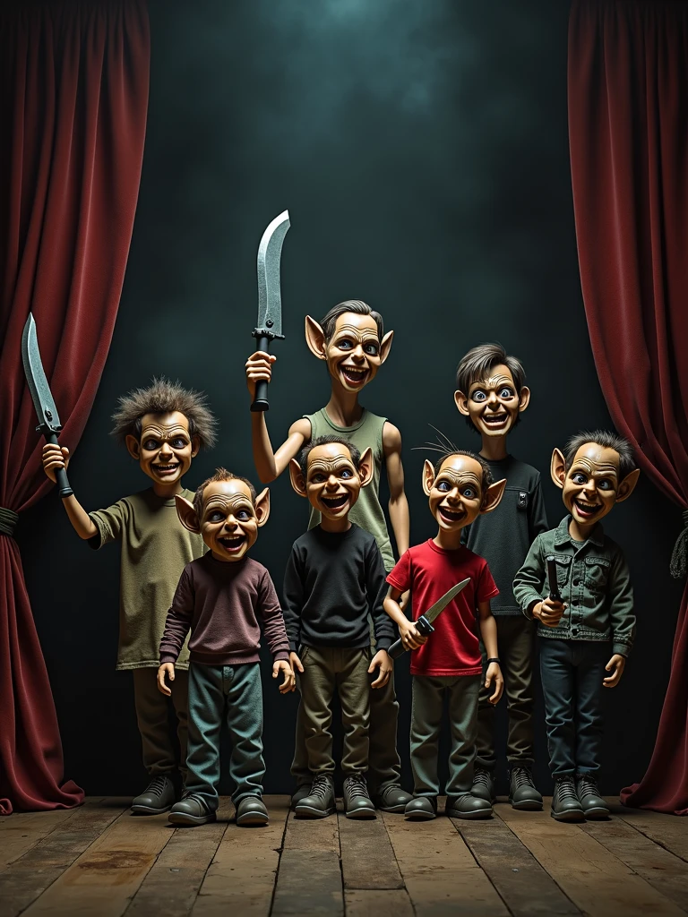 A photo of a dark horror theater with puppets and action figures from 1983. There are several puppets with demonic features, each holding a weapon. The puppets are arranged on a stage. The background contains a curtain and a few props. The lighting is dim.