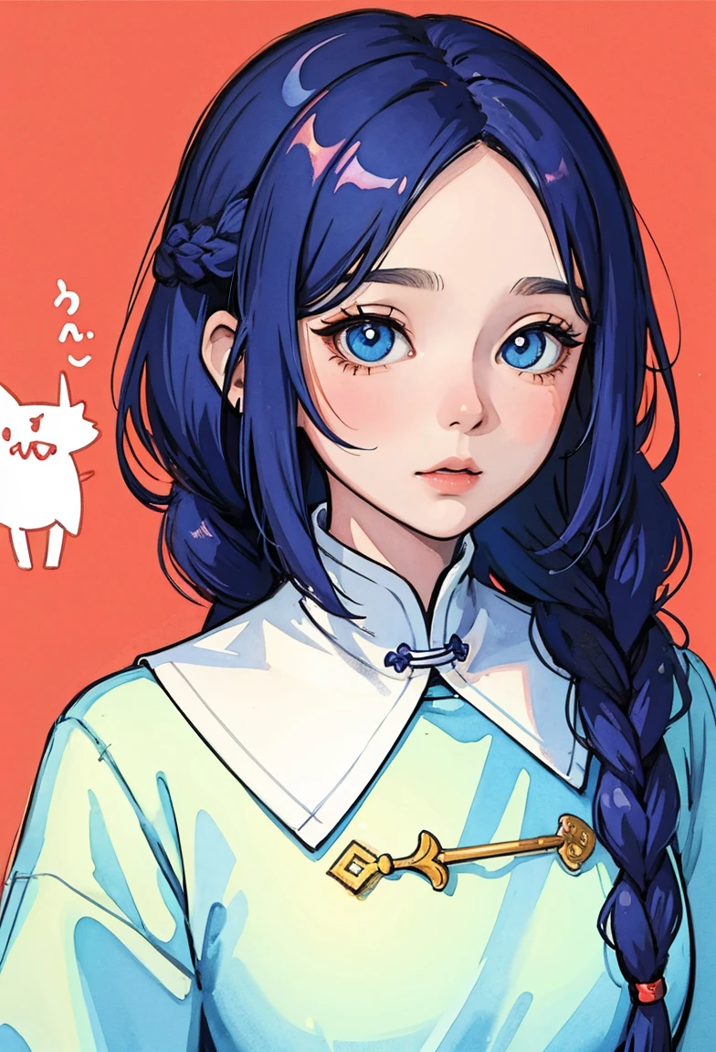 (masterpiece, best quality:1.2), watercolor,cartoonish character design。1 girl, Solitary,big eyes,Cute expression,Two braids,cheongsam,portrait,interesting,interesting,Clear lines,Leave blank,