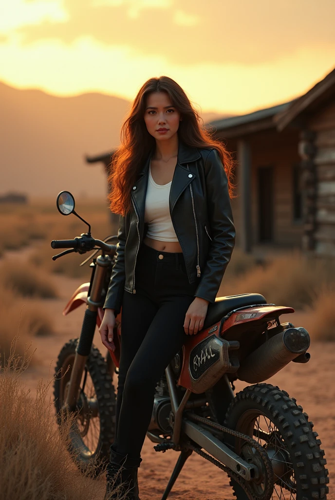 cinematic (solo) a 3 Asian woman, with a curvy body, long brown hair, wearing a black leather jacket, white t-shirt, black pants, boots, standing with her back on a trail motorbike, against the backdrop of dry land, dry weeds, an old house made of wood, a bright twilight sky.