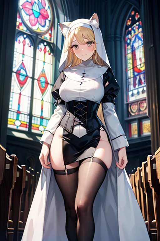 sensual,long blonde hair, thick thighs, 8K, 4K, highest quality, High resolution:1.2), cute anime face, noise reduction, shining blue eyes, gentle smile, Gentle eyes、wearing a headband, naked, toned abdominal muscles, muscular arms, muscular legs, (((exposed nipples))). , young face, anime chic eyes, In a church, white bodysuit, white rubber suit,white thong, Lock,O-ring,See-through,veil,elbow bag,Mistress,collar,cuffs ,thigh strap,thigh boots, Harness、全身Harness、garter belt、(((emphasize the buttocks、she turns around and shows me her ass)))、SFW Giant