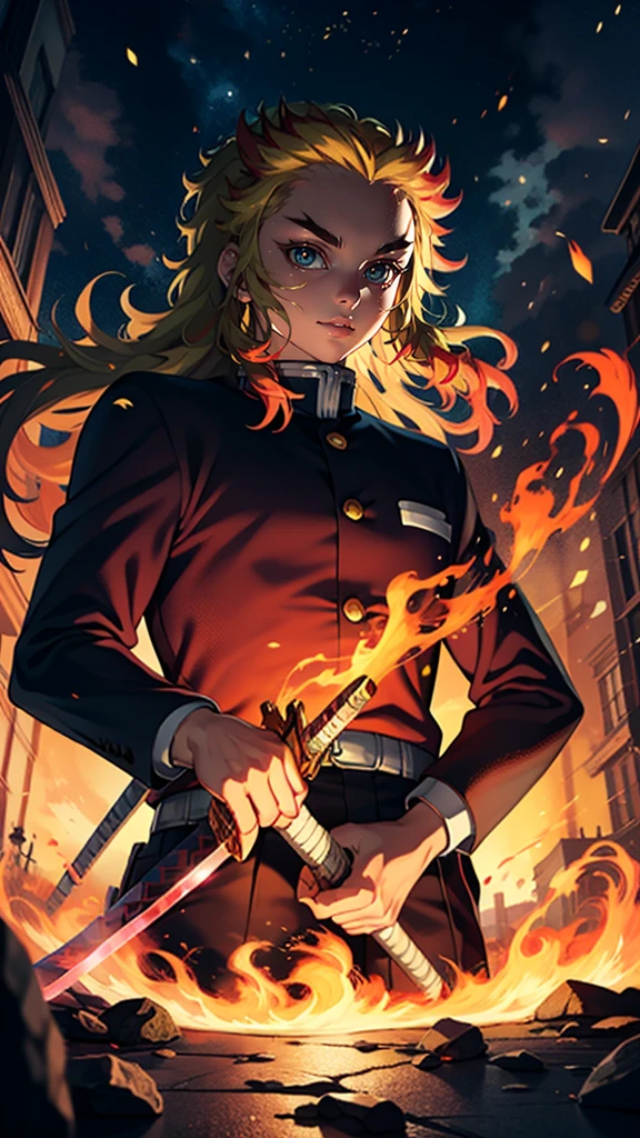 High resolution, anime art wallpaper 32k, A magnificent composition, Fight, Anime character holding a sword against a flame background, Cute guy in Demon slayer art, Demon slayer Art Style, Amazing Anime, Demon slayer, anime key art, Manga Wallpapers, Kimetsu no Yaiba, Anime Wallpaper, Ultra-transparent, Super detailed, Very very beautiful, Anime Epic Artwork
