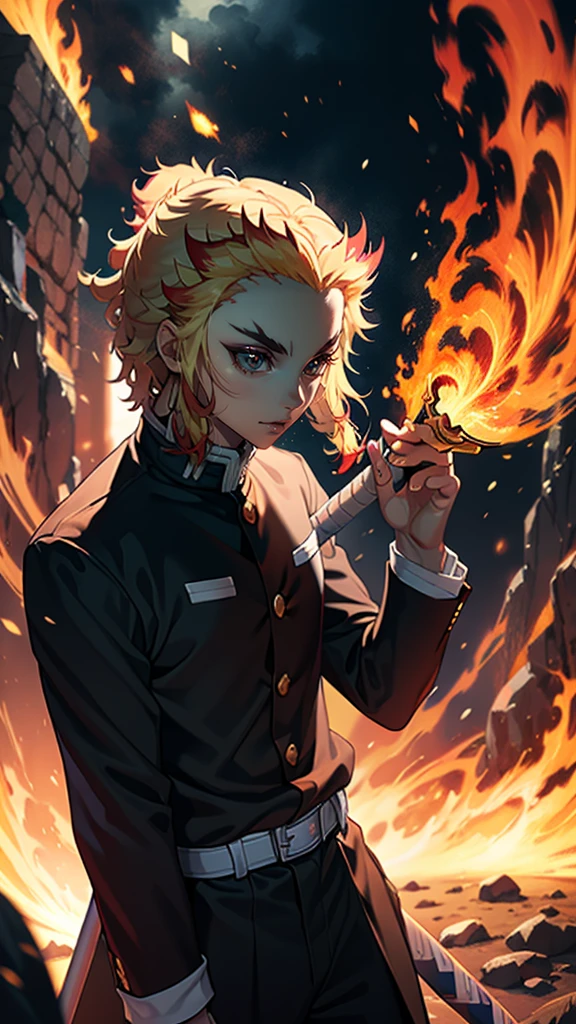 High resolution, anime art wallpaper 32k, A magnificent composition, Fight, Anime character holding a sword against a flame background, Cute guy in Demon slayer art, Demon slayer Art Style, Amazing Anime, Demon slayer, anime key art, Manga Wallpapers, Kimetsu no Yaiba, Anime Wallpaper, Ultra-transparent, Super detailed, Very very beautiful, Anime Epic Artwork