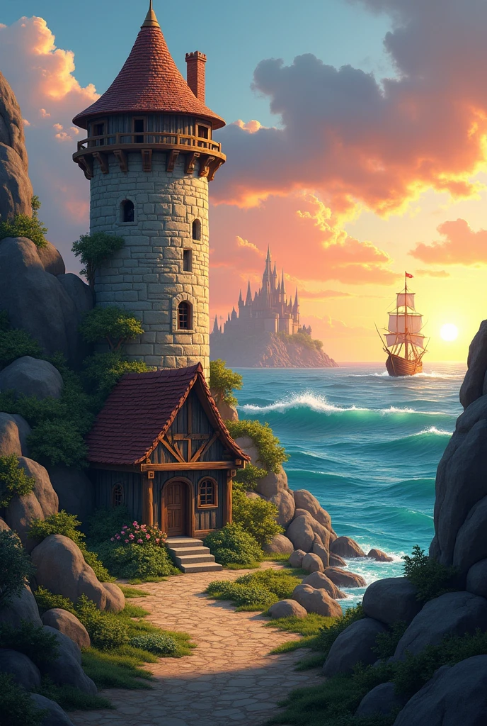 Create a landscape with a tall, rustic, rocky tower (rapunzel style) near a rustic house , In the background an ocean with a pirate ship floating  , a castle further in the background near a sunset