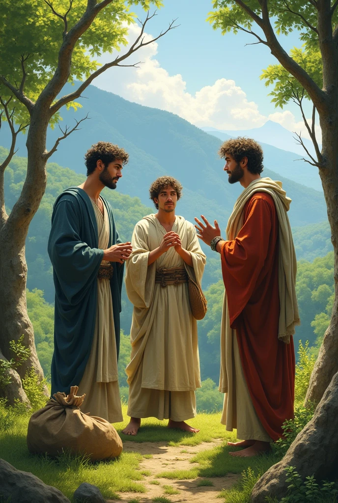 Three young men are staring at the hill and one is standing with raised hands. They are looking at each other's faces. 
An empty sack was lying beside them. There were many trees and hills on both sides. 
They wear long robes. There will be lively scenes.