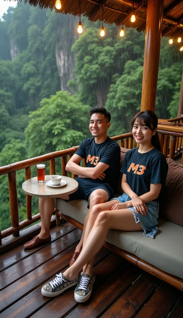 Serene wooden balcony with rustic bamboo railing overlooking lush green forest during heavy rain. The balcony is equipped with a comfortable long sofa with large brown cushions., and a small round table that can accommodate two cups of tea or coffee. A handsome Indonesian man with a clearly visible smiling face and neat short hair sitting on the sofa, wearing a black t-shirt with a vintage logo "m3", celana jeans panjang, and flip flops, bersama seorang wanita cantik Indonesia tersenyum rambut panjang lurus bangs ponnytails tersenyum duduk di sofa mengenakan t-shirt tanpa lengan hitam dengan logo vintage 'm3', white longskirt. They smiled happily looking at the camera . The warm atmosphere is lit with hanging yellow lights, and the natural thatched roof on top adds to the cozy rural atmosphere.. It was night, it was dark all around, adding to the serene and almost mystical atmosphere. In the background, tampak sama samar karena gelapnya. Mist rises between towering cliffs covered in lush green, when it rains., photo, fashion