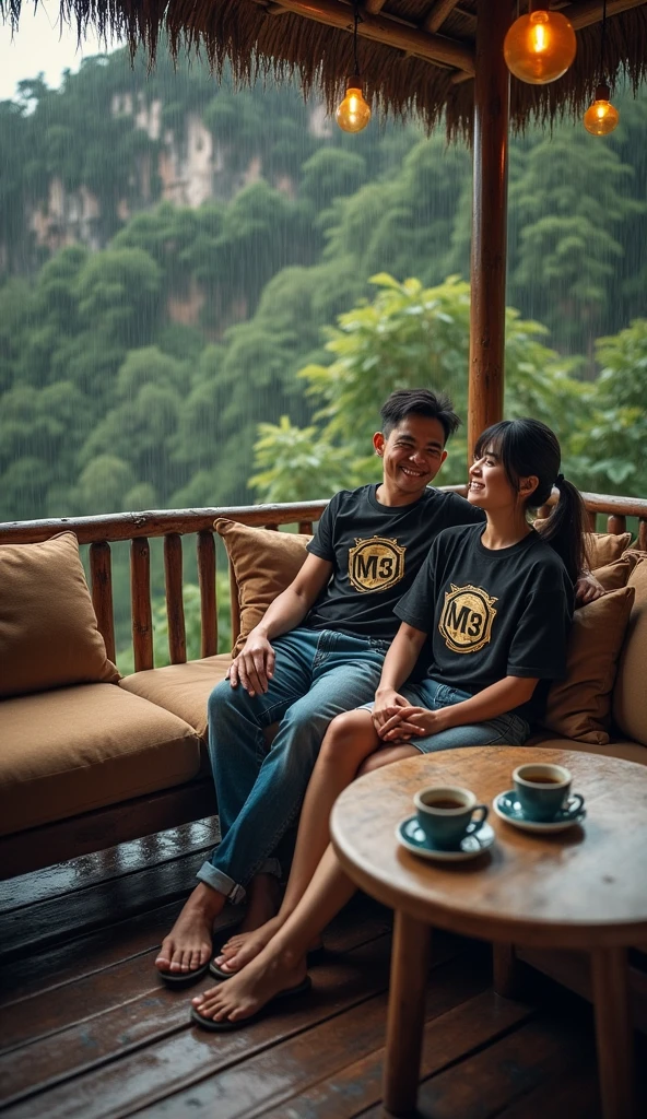 Serene wooden balcony with rustic bamboo railing overlooking lush green forest during heavy rain. The balcony is equipped with a comfortable long sofa with large brown cushions., and a small round table that can accommodate two cups of tea or coffee. A handsome Indonesian man with a clearly visible smiling face and neat short hair sitting on the sofa, wearing a black t-shirt with a vintage logo "m3", celana jeans panjang, and flip flops, bersama seorang wanita cantik Indonesia tersenyum rambut panjang lurus bangs ponnytails tersenyum duduk di sofa mengenakan t-shirt tanpa lengan hitam dengan logo vintage 'm3', white longskirt. They smiled happily looking at the camera . The warm atmosphere is lit with hanging yellow lights, and the natural thatched roof on top adds to the cozy rural atmosphere.. It was night, it was dark all around, adding to the serene and almost mystical atmosphere. In the background, tampak sama samar karena gelapnya. Mist rises between towering cliffs covered in lush green, when it rains., photo, fashion