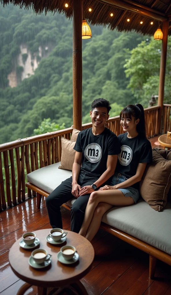 Serene wooden balcony with rustic bamboo railing overlooking lush green forest during heavy rain. The balcony is equipped with a comfortable long sofa with large brown cushions., and a small round table that can accommodate two cups of tea or coffee. A handsome Indonesian man with a clearly visible smiling face and neat short hair sitting on the sofa, wearing a black t-shirt with a vintage logo "m3", celana jeans panjang, and flip flops, bersama seorang wanita cantik Indonesia tersenyum rambut panjang lurus bangs ponnytails tersenyum duduk di sofa mengenakan t-shirt tanpa lengan hitam dengan logo vintage 'm3', white longskirt. They smiled happily looking at the camera . The warm atmosphere is lit with hanging yellow lights, and the natural thatched roof on top adds to the cozy rural atmosphere.. It was night, it was dark all around, adding to the serene and almost mystical atmosphere. In the background, tampak sama samar karena gelapnya. Mist rises between towering cliffs covered in lush green, when it rains., photo, fashion