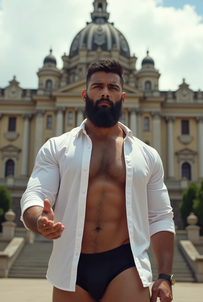 There is a muscular, bearded, mixed-race Brazilian man in an unbuttoned white dress shirt, in black underwear, looking at a cameraman, gesturing,in a TV news, in front of a large building, peru, royal Palace, parliament, peruvian, peruvian looking, proportionate, Julia Fontes, Palace, quito school, an intermediate front shot, monumental giant Palace, Mexico City, freddy mamani wild facade, jorge lacera, Gita, chilean, Refik Anadol, central shot.