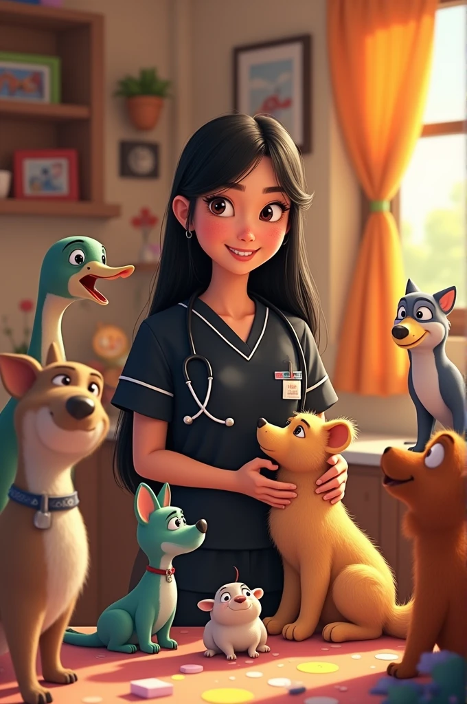 Pixar Cover Veterinarian girl with long straight black hair all straight hair down hair parted from the middle of the head ,black doctor pajamas , small lips, Wide nose, small eyes ,  and with animals 