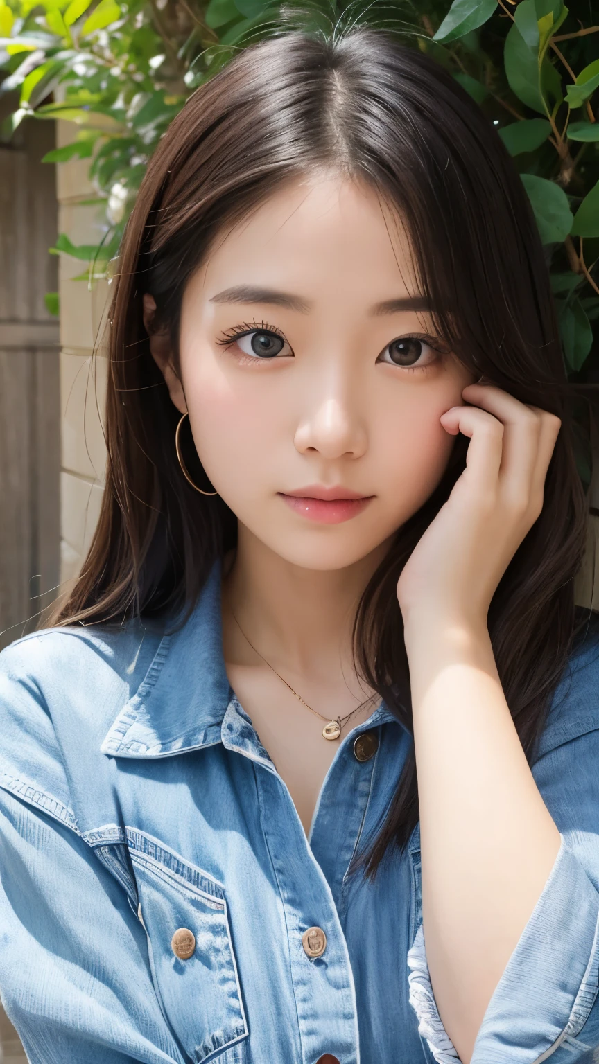 Portraiture、masterpiece:1.3、One person'S、、Natural look、very cute、Brown Hair、Short Bob、Small red earrings、Fuller lips、No makeup、White T-shirt、Focus on the face、最high quality、High resolution、Very detailed、high quality、detailed explanation、8k、(((Blurred Background、White wall、White Background、White world、Flower illustration、Flower illustrationの壁、壁にFlower illustration、Flower illustrationが描いてある壁、Photo studio:1.5、Cinema Lighting、Professional Photographer)))