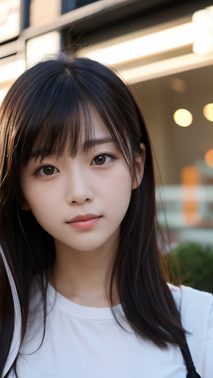 Portraiture、masterpiece:1.3、One person&#39;S、Baby Face、Natural look、very cute、Brown Hair、Short Bob、Small red earrings、Fuller lips、No makeup、White T-shirt、Focus on the face、最high quality、High resolution、Very detailed、high quality、detailed explanation、８ｋ、(((Blurred Background、White wall、White Background、White world、Flower illustration、Flower illustrationの壁、壁にFlower illustration、Flower illustrationが描いてある壁、Photo studio:1.5、Cinema Lighting、Professional Photographer)))