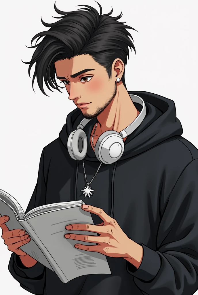 A 20 year old boy with a loaded midpart haircut and a black beard, brown eyes with a necklace of a snowflake like a silver star, and wears a black hoodie and headphones around his neck and reads a manga