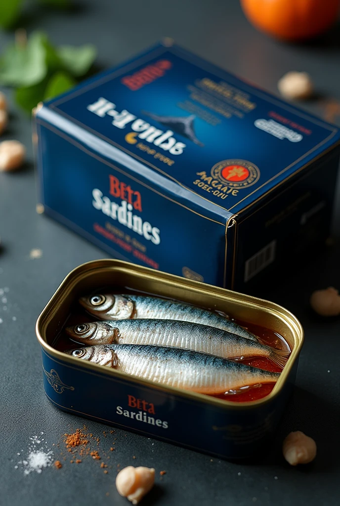 Canned sardines that were previously preserved in cans but are now preserved in paper boxes, with creative dark blue packaging, with the brand name which is “beta sardines”.