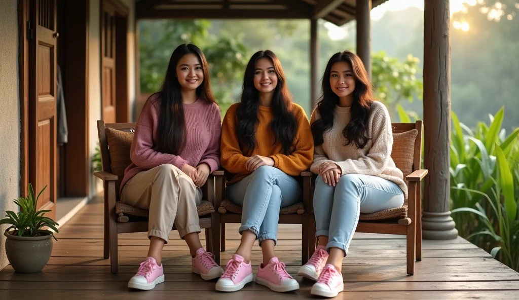 3 Beautiful Indonesian Women, his body is quite fat, fair skin, big nose, long wavy hair, wearing a sweater jacket, long pants, wearing pink sneakers, sit on the chair, his hands in front, happy faces all facing the camera, in front of the country house, morning mood, minimal defects, very detail, realistic, 8K picture