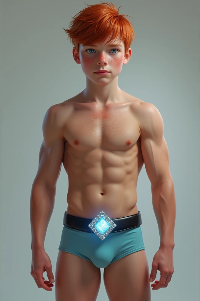Realistic full length image  muscular white boy shirtless red hair freckles barefoot wearing very tight light blue bulging speedo black leather belt with diamond shaped glowing sparking belt buckle pulled tight around waist flexing muscles.
