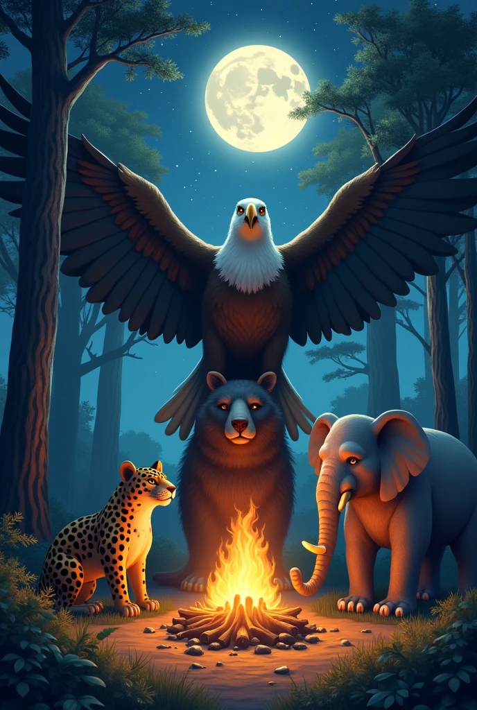a jaguar, A bear and an elephant together in front of a campfire and above them a giant eagle with open wings covering them, surrounded by trees in a forest with a clear sky full of bright stars and a full moon