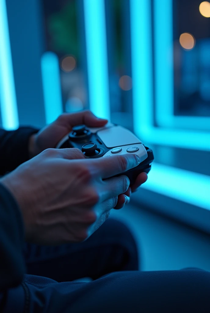 In the view male hand holding PlayStation 5 video game controller with both hands with details owner background neom BLUE stripes