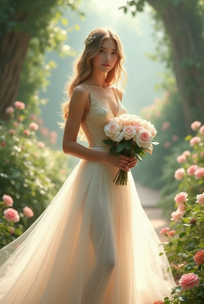 Illusion. Girl wearing white and gold bridesmaid dress holding white and pink roses with garden background
