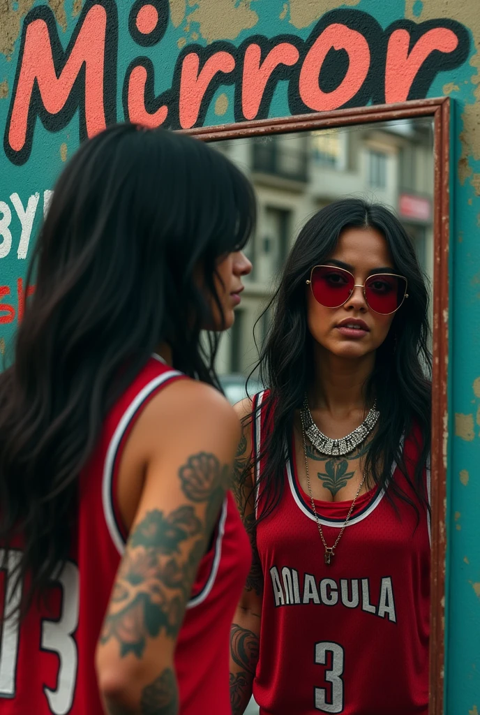 Generate an image for the cover of a song called mirror, It features a black-haired Latina girl with tattoos dressed in red basketball gear looking at herself in the mirror. Add a title in graffiti font that says mirror in Spanish, and that it is in HD quality, Add a diamond cuban necklace and urban sunglasses