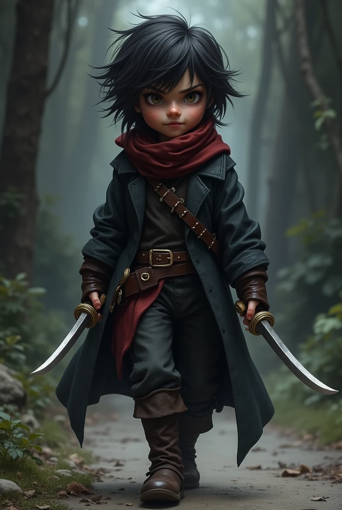 A short rogue with medium to long hair who uses two daggers, has a sarcastic smile on his face,