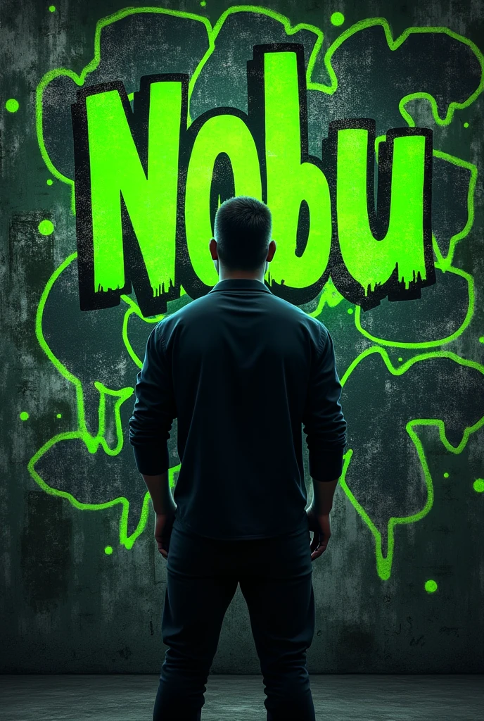 Gaming profile picture man standing facing the wall full with dark neon green and black graffiti art put name NOBU in the center in stylish font